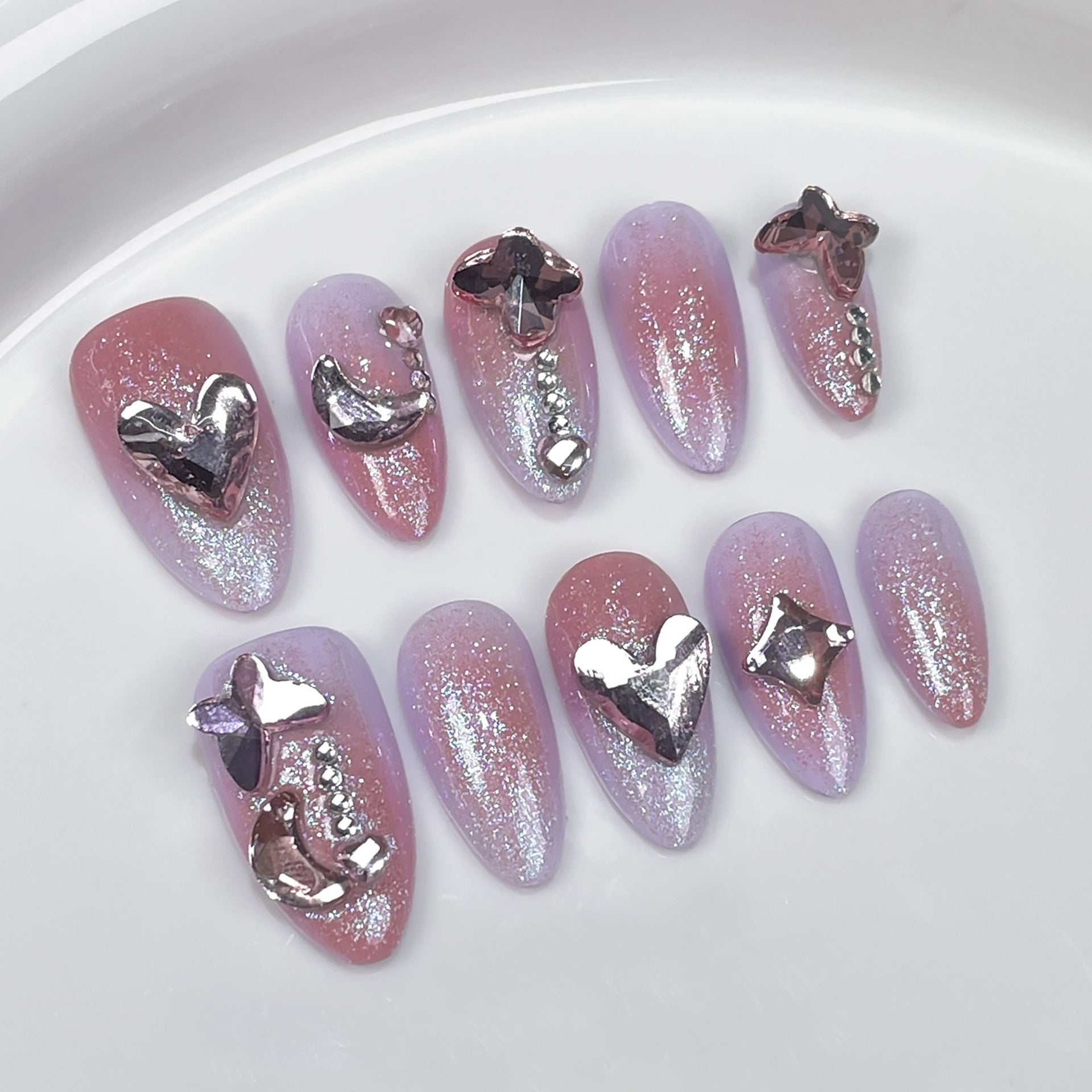 Soft Sparkle Gradient Nails with Irregular Chrome Heart Accents