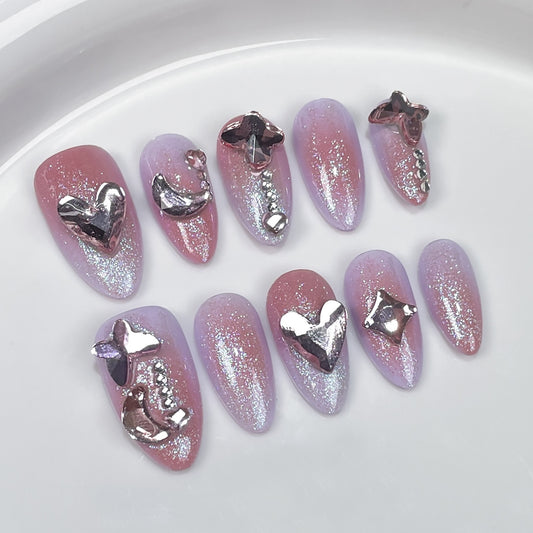 Unhas postiças artesanais com flash, irregular, mudança gradual, doce, suave, médias e longas, amêndoa, atacado｜365nails