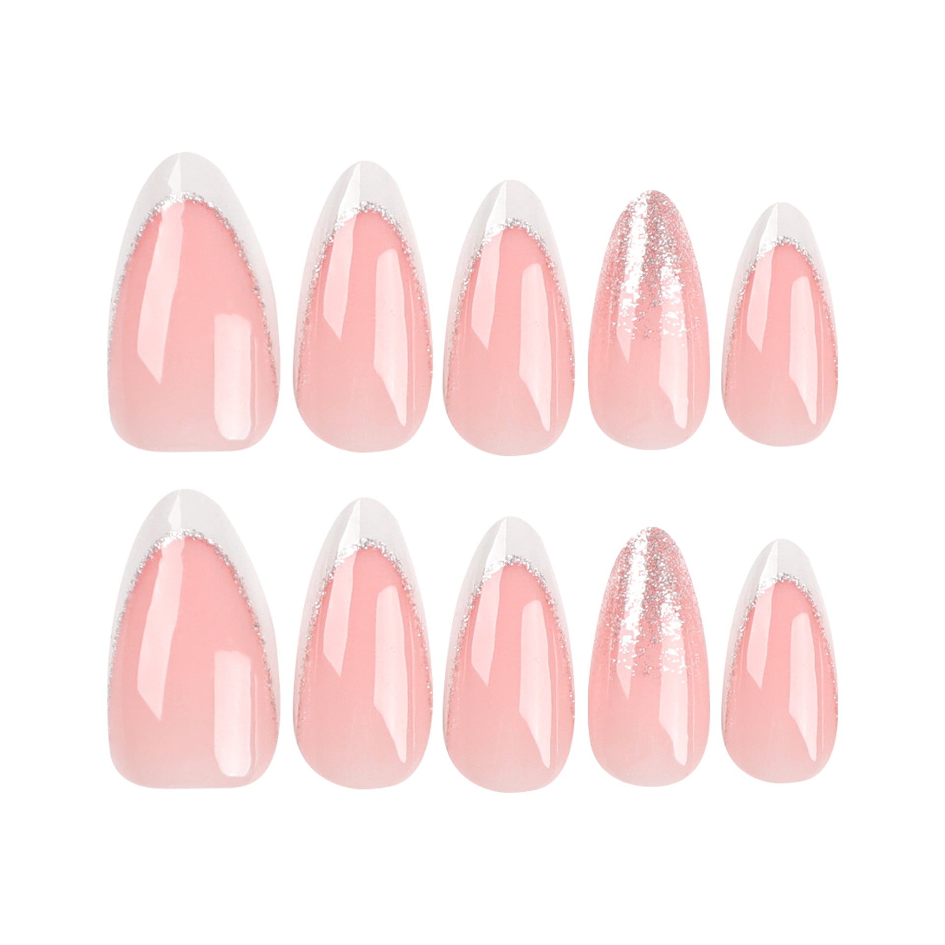 Faux ongles manucure nude avec bord blanc français, paillettes argentées, pièce d'ongle amande courte, vente en gros｜365nails