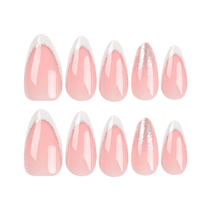 French white edge nude manicure fake nails silver glitter wear nail almond short nail piece nail piece wholesale｜365nails