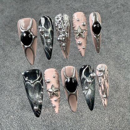 Long pointed nail art metal hand-painted  relief sweet cool babes cat eye press-on nails pure handmade wholesale｜365nails