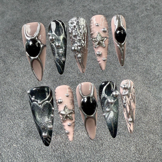Long pointed nail art metal hand-painted  relief sweet cool babes cat eye press-on nails pure handmade wholesale｜365nails