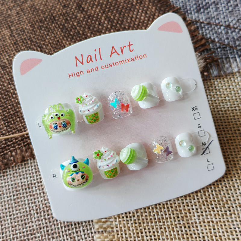 365nails-Cute Monster Kids Series: "Green Goblin Party" – Short Square Kids Nail Art