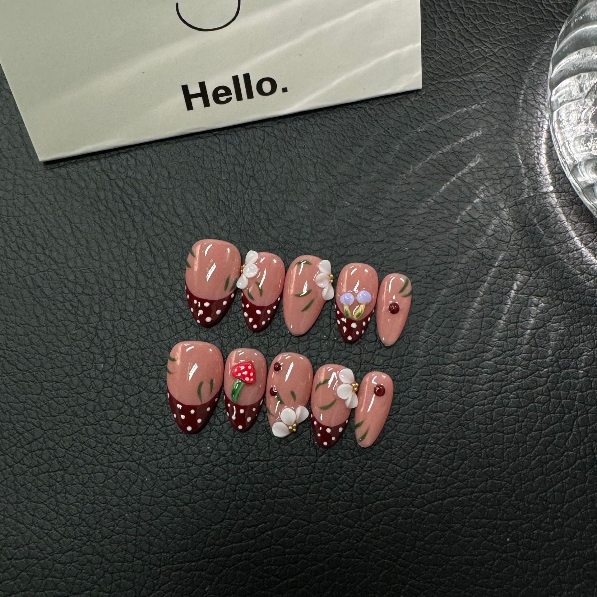 365nails: "Berry Sweet" – 3D Strawberry & Floral Handmade Press on Nails Almond Nails