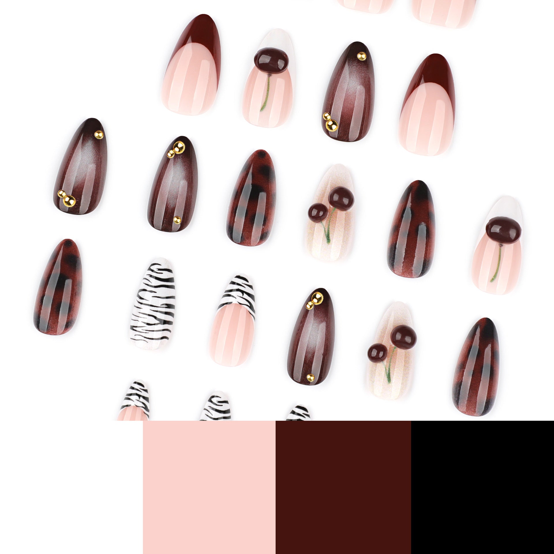 Black and white zebra print press-on nails with 3d cherry accents, french red manicure nail tips