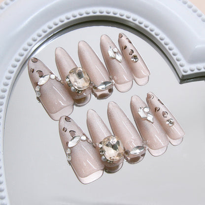 Nail Tips  prefabricated nail temperament flash champagne leopard print cat eye elegant white detachable diamond press on nails 30 pieces｜365nails