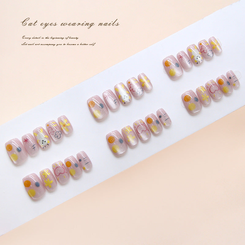 Nail Tips  Prefabricated nail Hand-painted Lines Starlight Love Cartoon Flower Bear Cat Eye Wear nail 30 Pieces｜365nails