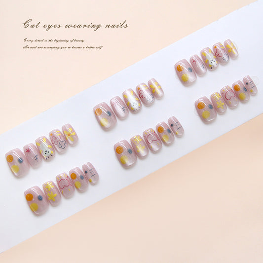Nail Tips  Prefabricated nail Hand-painted Lines Starlight Love Cartoon Flower Bear Cat Eye Wear nail 30 Pieces｜365nails