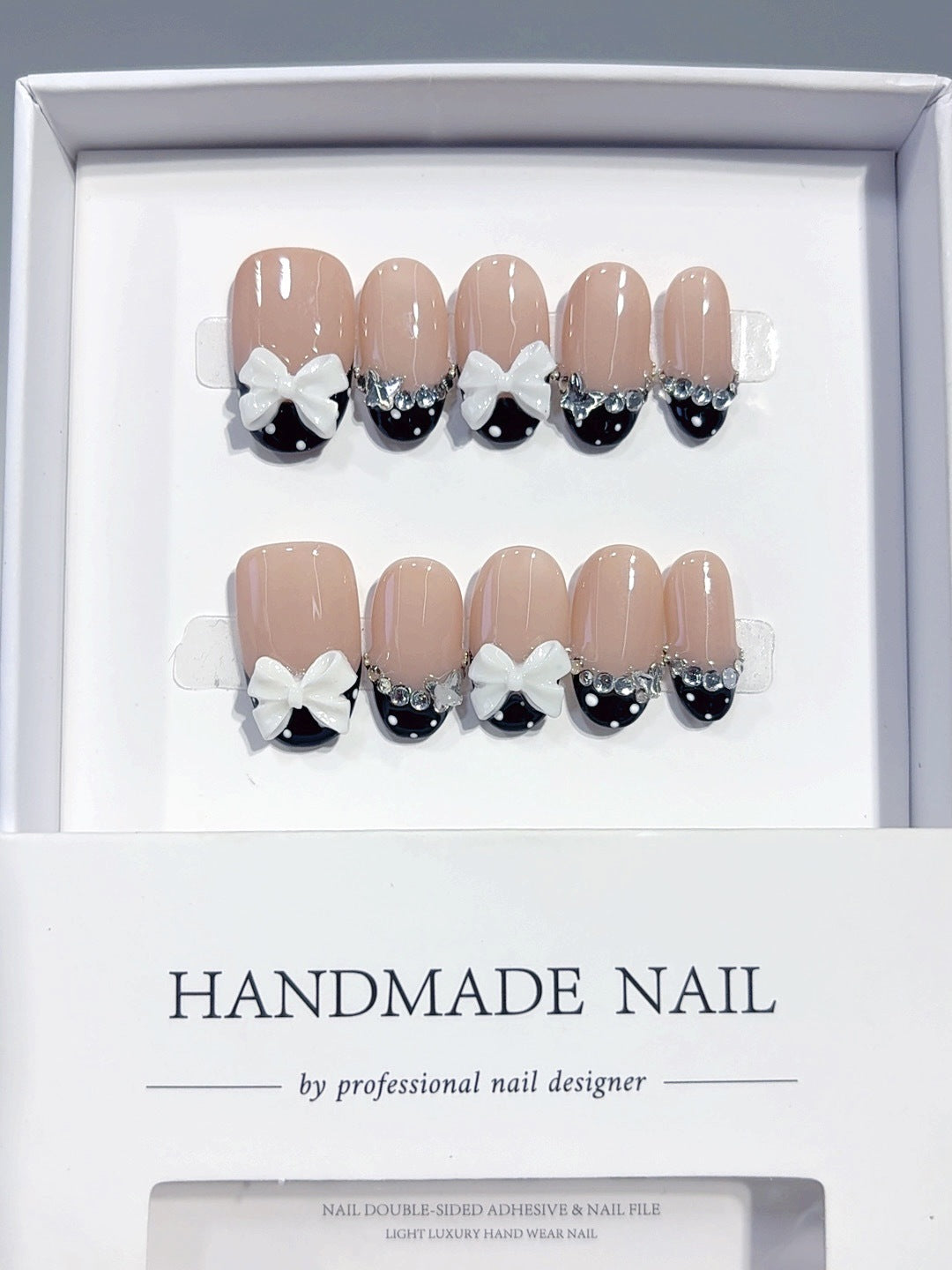 Bow & Pearl: "Black French Bow" – Square Shape Handmade Press-On Nails