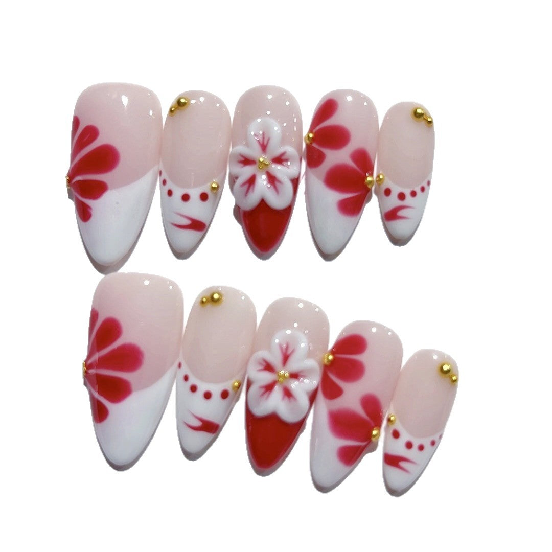Sakura Whisper: "Crimson Cherry Blossom" – Unhas Postiças Amêndoa