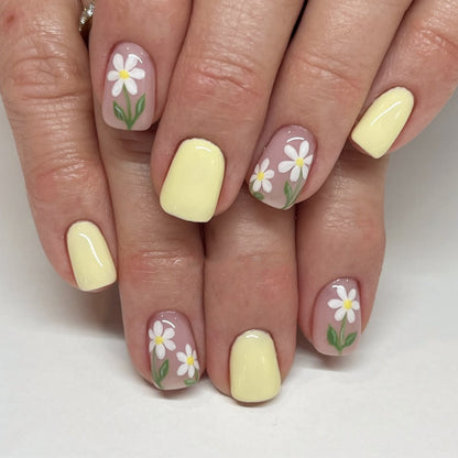 Uñas cortas cuadradas con diseño de viento de verano, con uñas postizas, diseño de margaritas pequeñas y frescas, venta al por mayor | 365nails