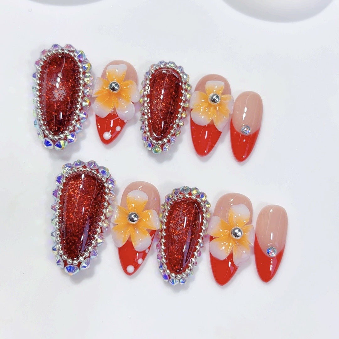 Tropical Bloom: "Plumeria Ruby" – Almond Shape Handmade Press-On Nails
