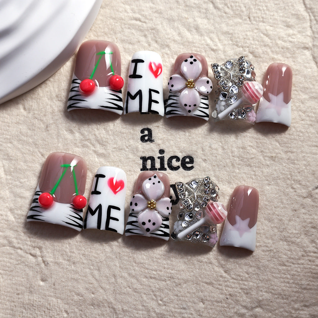 Cute Cherry Letter Star Embellished Press On Nails