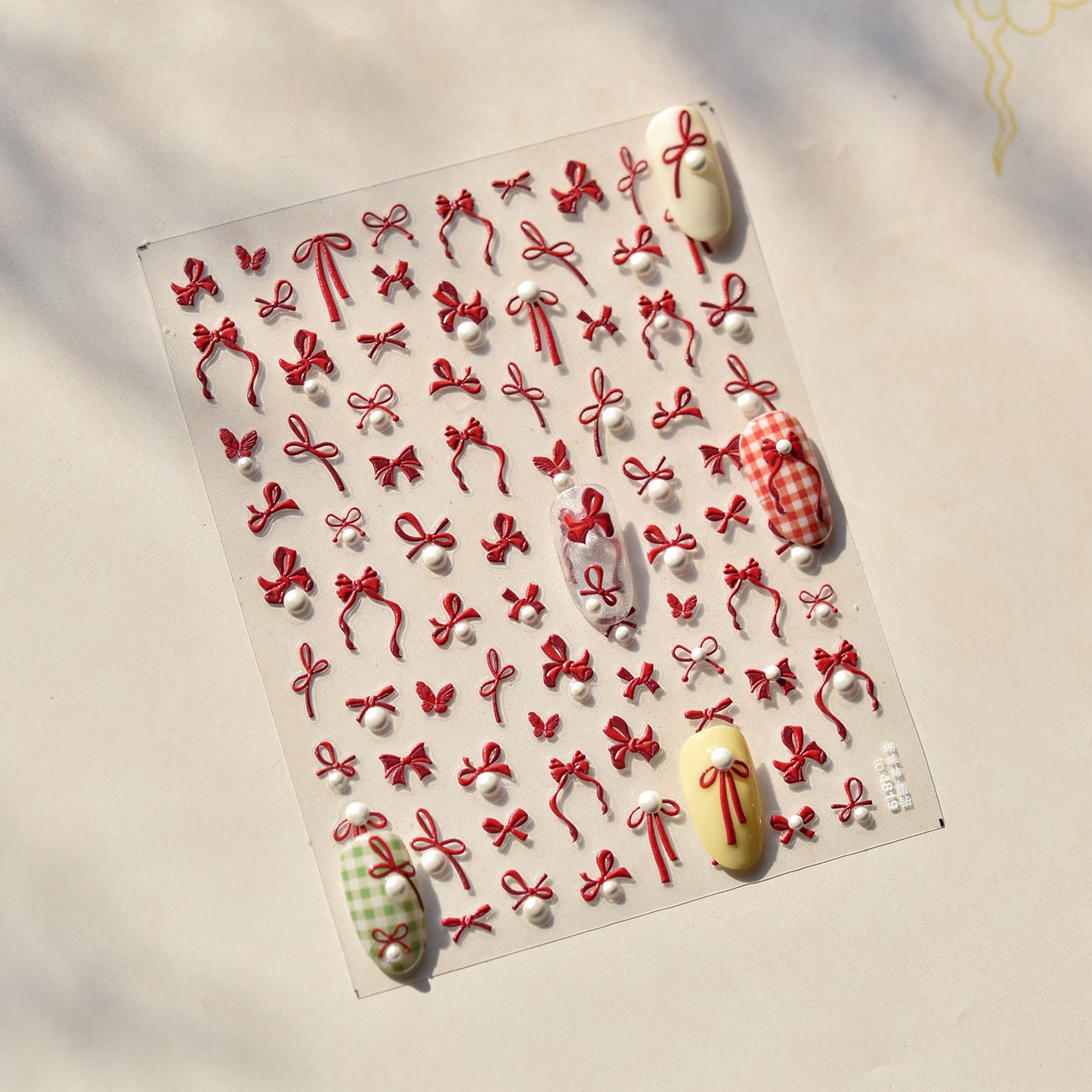 Embossed Bow Nail Stickers – Red & Metallic Pearl Set
