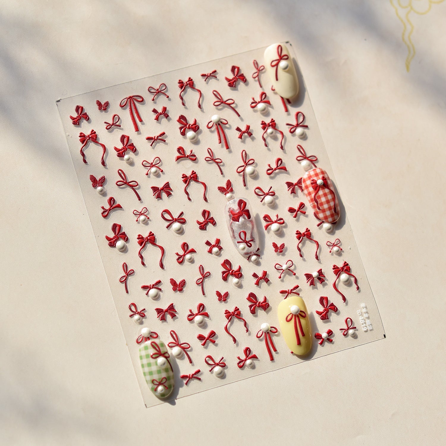 Embossed Bow Nail Stickers – Red & Metallic Pearl Set
