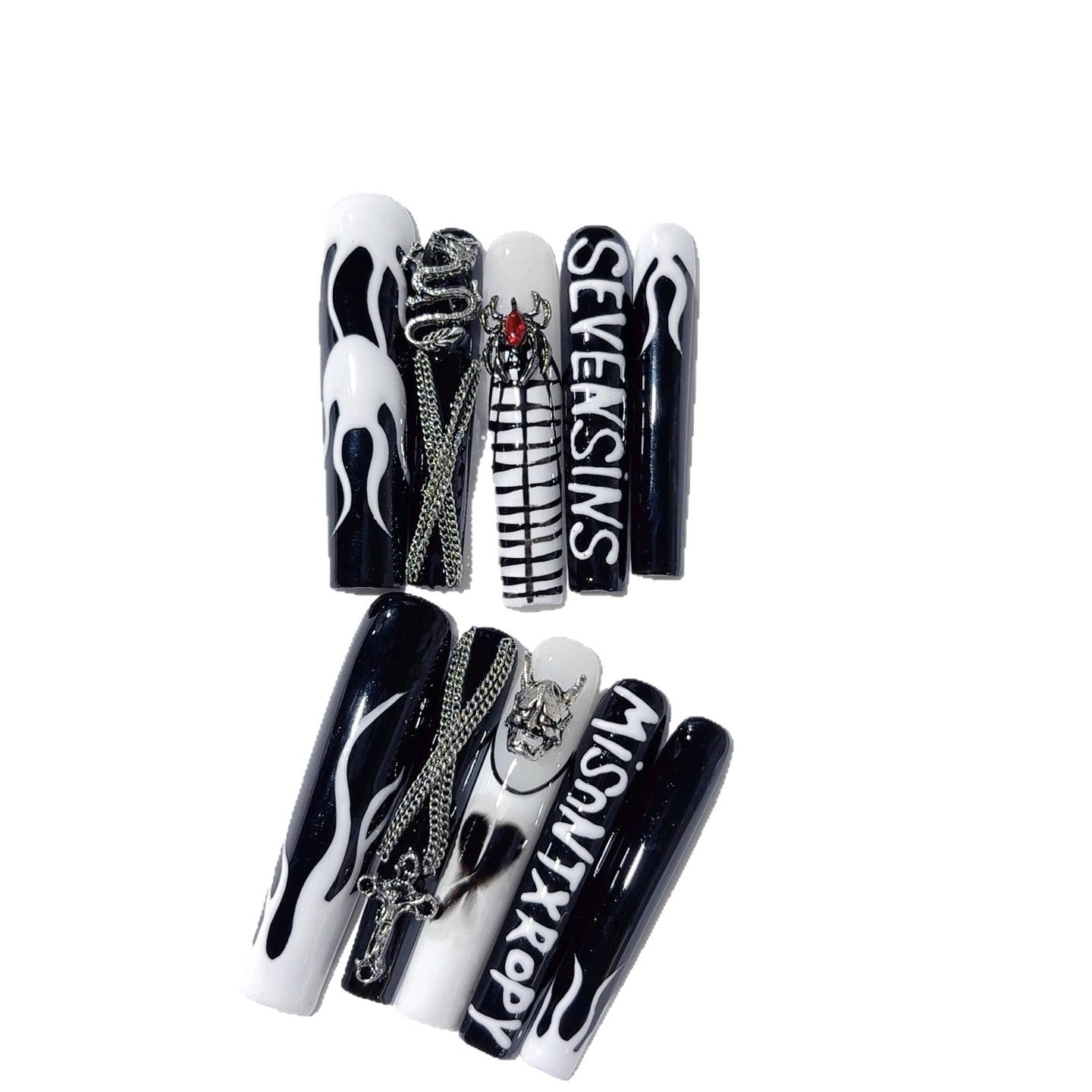 Black White Gothic Cross Flame Statement Press On Nails