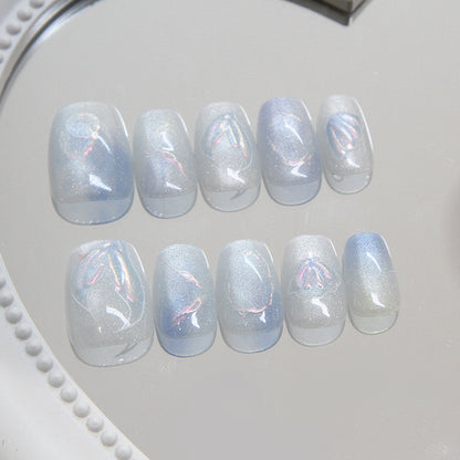 Puntas de uñas prefabricadas, uñas postizas, uñas postizas extraíbles con diseño de sirena, parche corto en T, diseño de ojo de gato ｜365nails