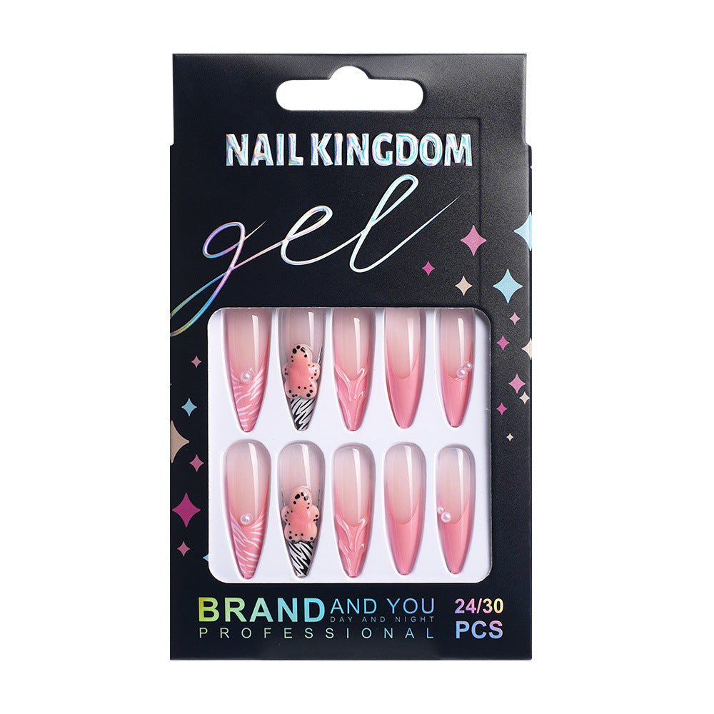 Hot-selling  press on nails sweet and cool flower leopard print removable almond-shaped long finished fake nail wholesale