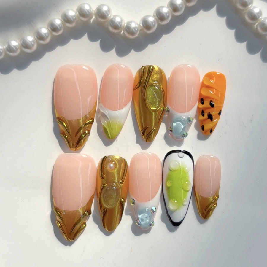 Nature Fantasy: "Golden Foliage & Fruit" – Medium Almond Nude & Multicolor Handmade Press-On