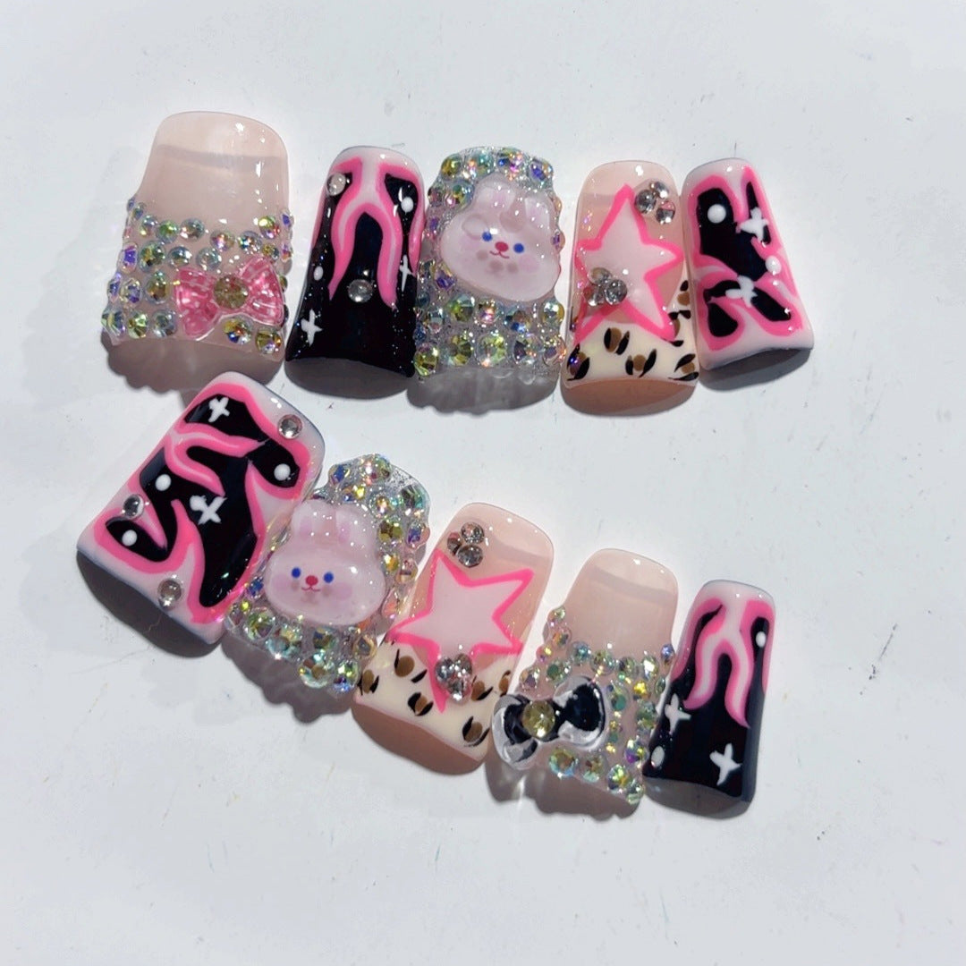 Y2K Punk Kawaii: "Pink Flame Bunny" – Short Square Black & Pink Cartoon Handmade Press-On