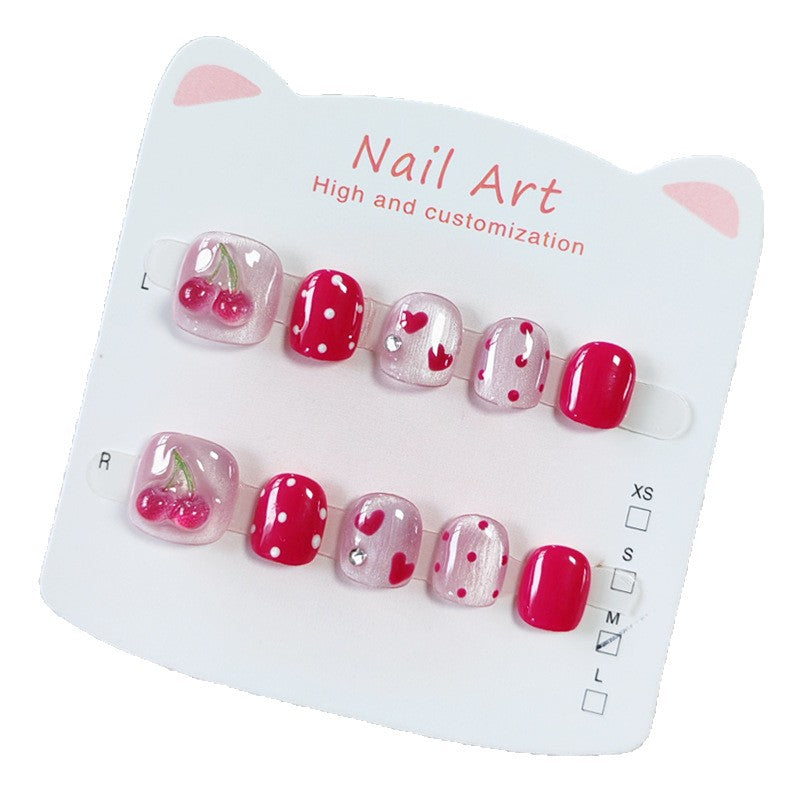365nails: "raspberry jelly cherry" – short squoval handmade kids press-on nails