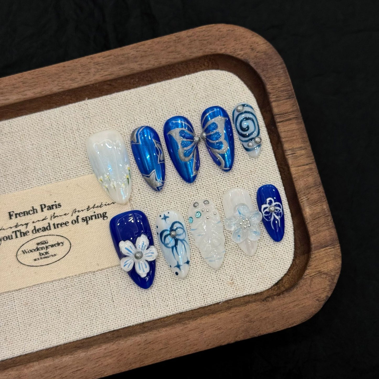Blue Ribbon Floral Sparkle Press On Nails