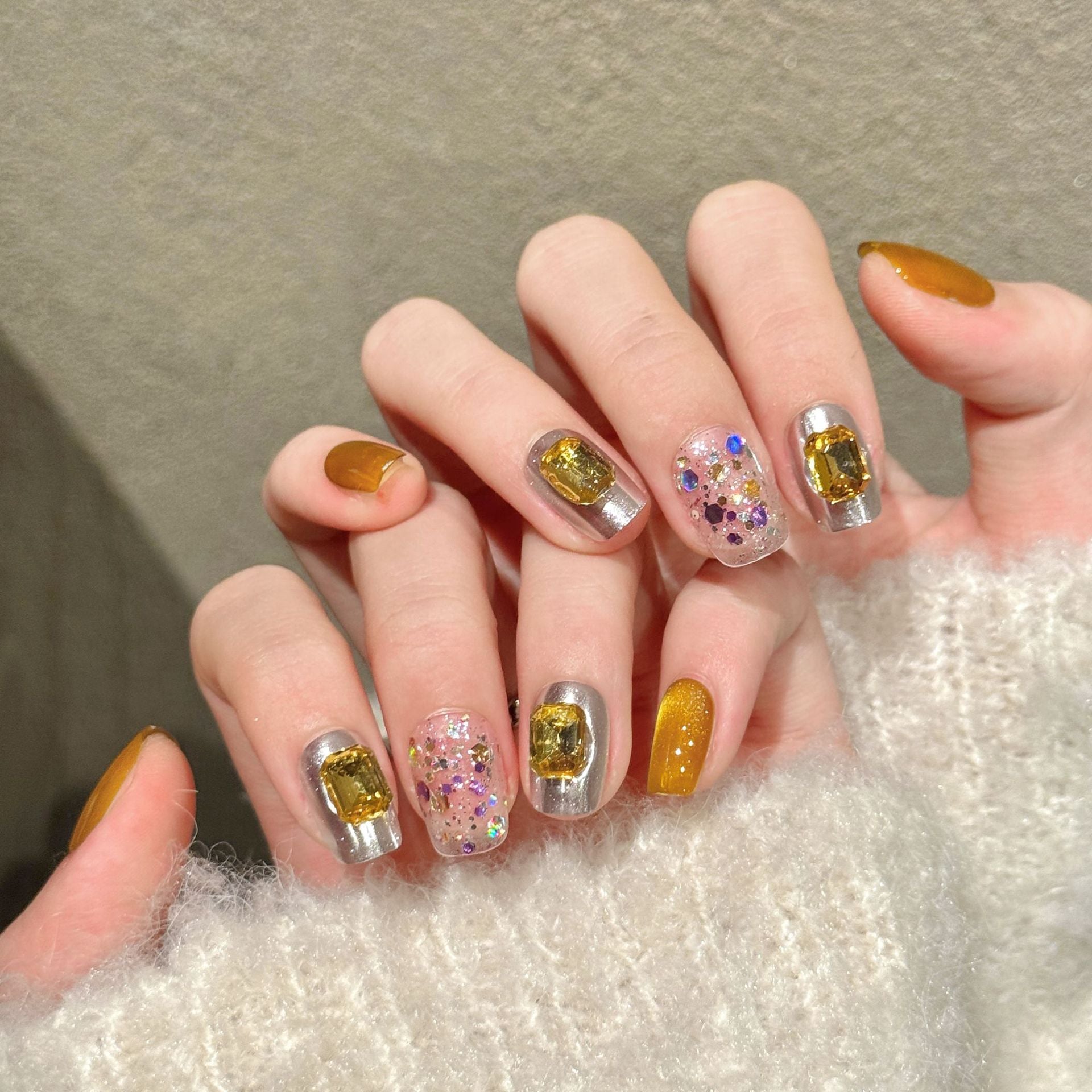 Yellow Crystal Glitter Silver Fresh Bright Press On Nails