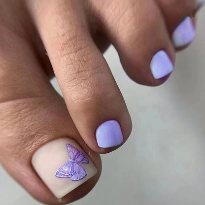 Manicura de uñas postizas para pies con diseño de mariposa morada romántica esmerilada para niña dulce, 24 uñas postizas para usar | 365nails