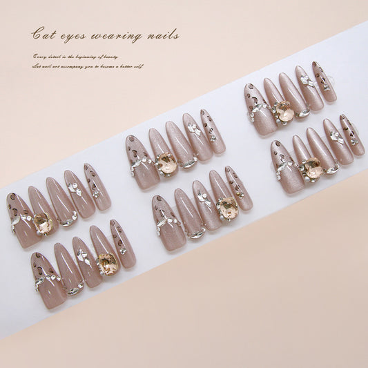 Nail Tips  prefabricated nail temperament flash champagne leopard print cat eye elegant white detachable diamond press on nails 30 pieces｜365nails