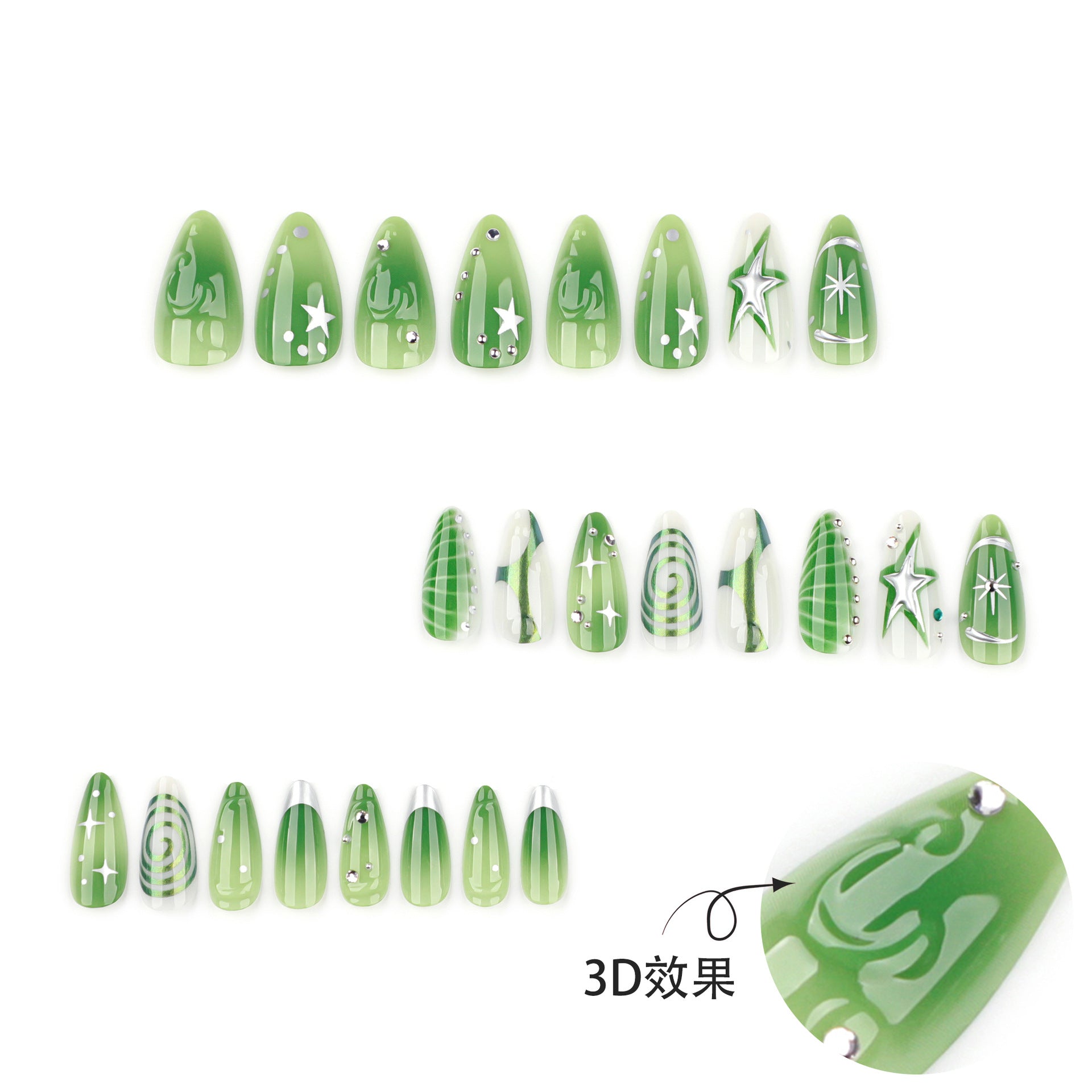 3D green smudged y2k short almonds press-on nails