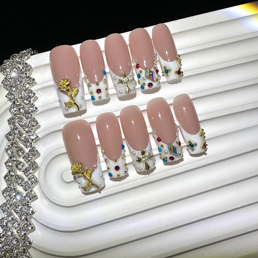 Gemstone Couture Collection: "Jewel Encrusted Nude" – Medium Almond Press-On Nails