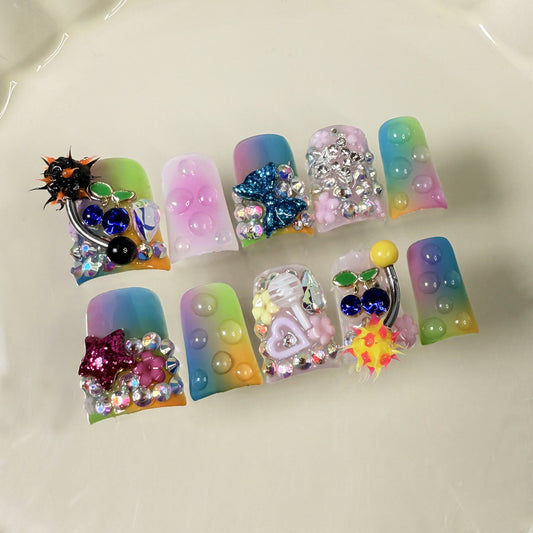 Duck bill nail multi-color gradual change blush nail ice transparent flash nail patch press-on nails pure handmade｜365nails