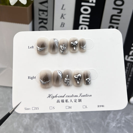 Handmade press-on nails black gills metal fused nail art piece Removable wearable nail sticker press-on nails finished nail piece｜365nails