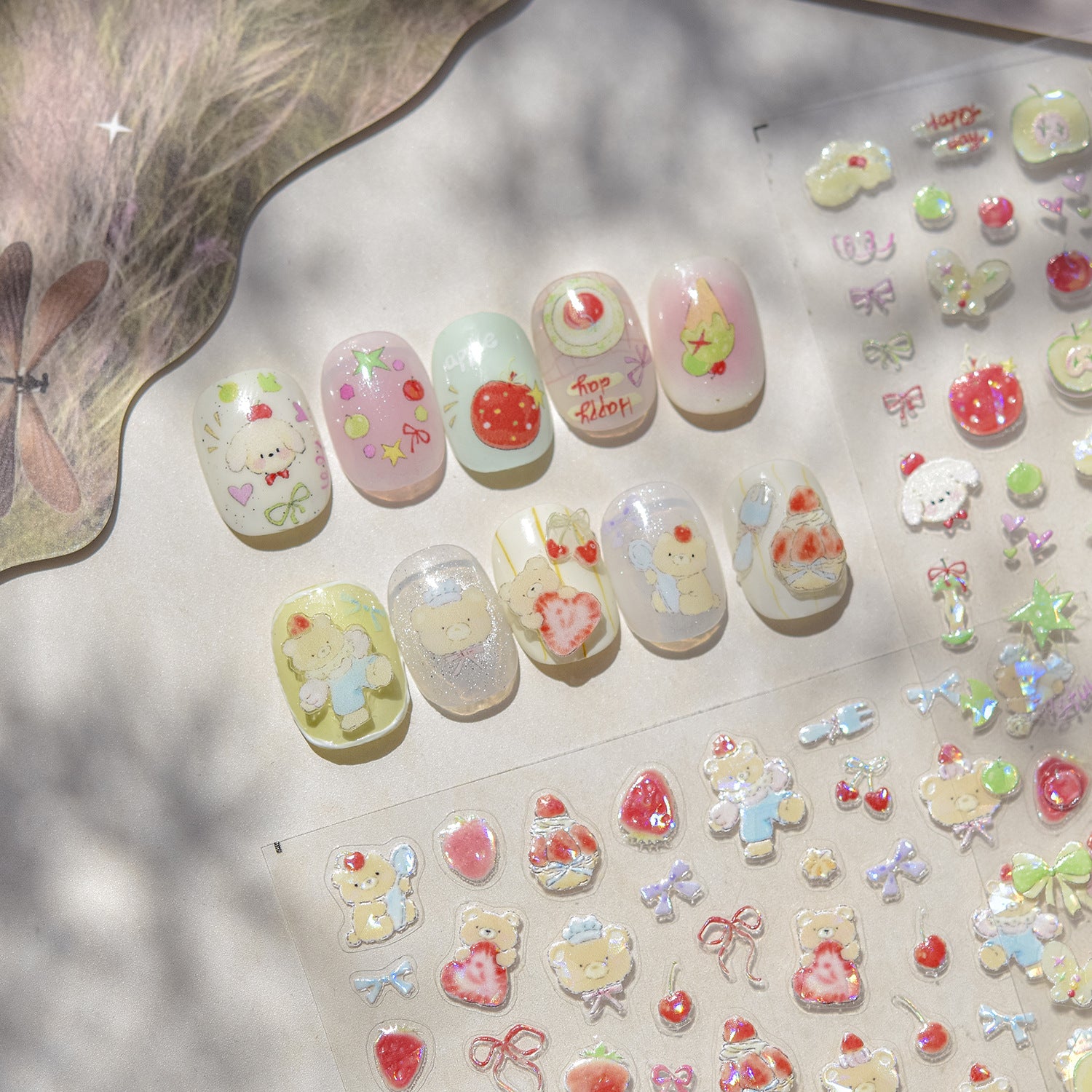 Sweet Teddy Bear: "Strawberry Picnic" – 3D Embossed Nail Sticker