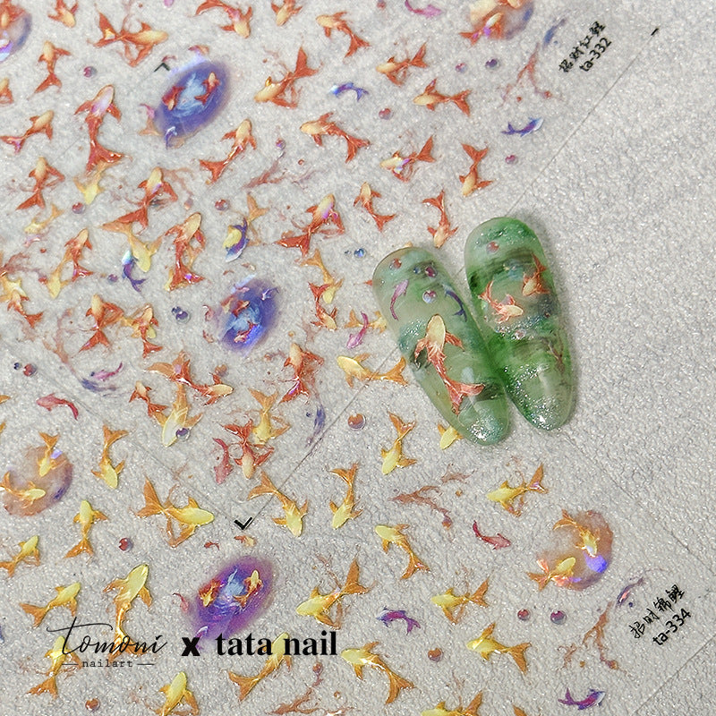 Holographic Goldfish Nail Stickers – 5D Embossed Oriental Pond Set
