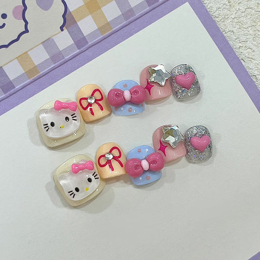 Shining cute children's fun stars love cat bow ins wind fake nails kids nails｜365nails