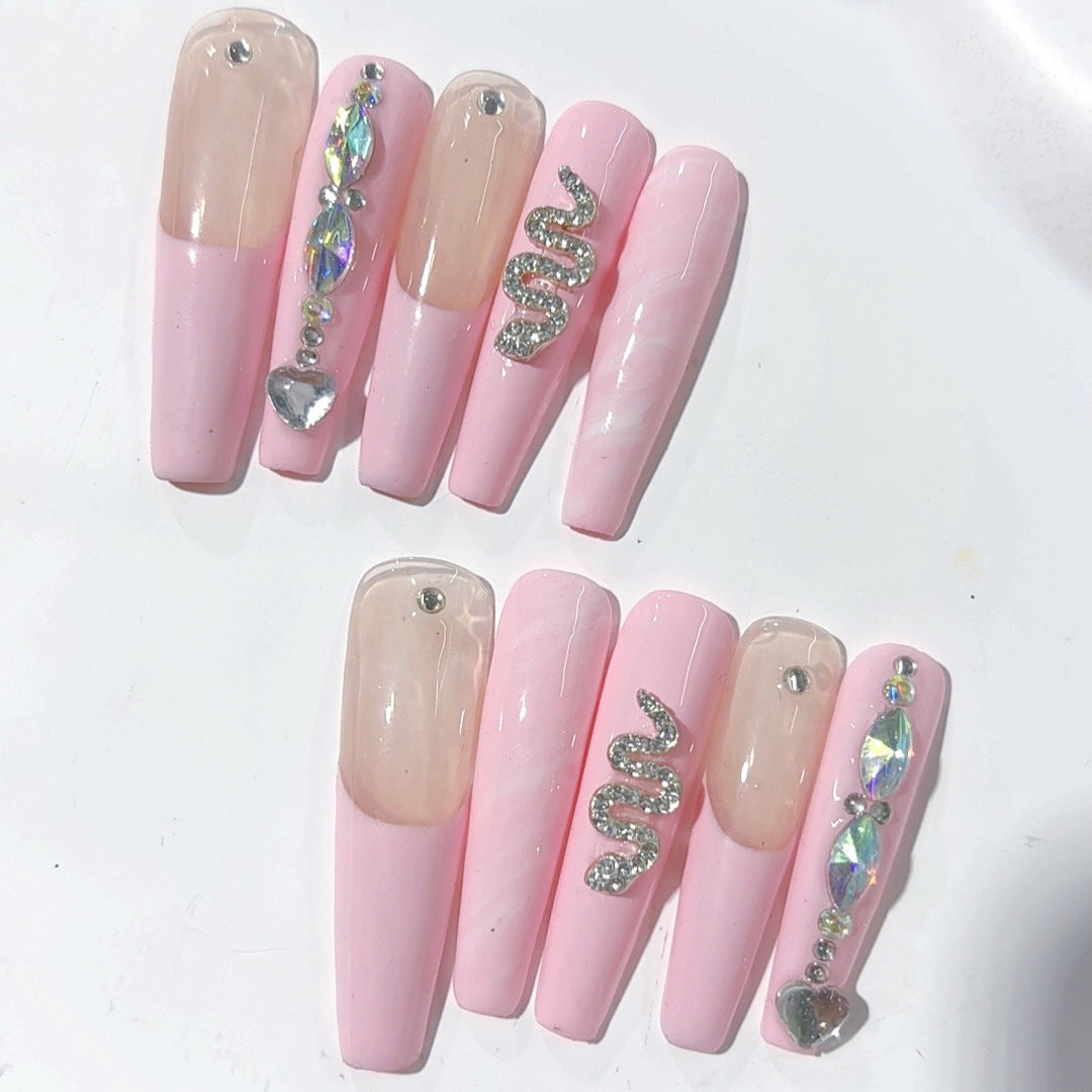 Soft Pink Snake Crystal Extra Long Coffin Press On Nails