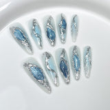 Hot girls hand- ocean blue cat eye metal liquid medium and long  long pointed s｜365nails