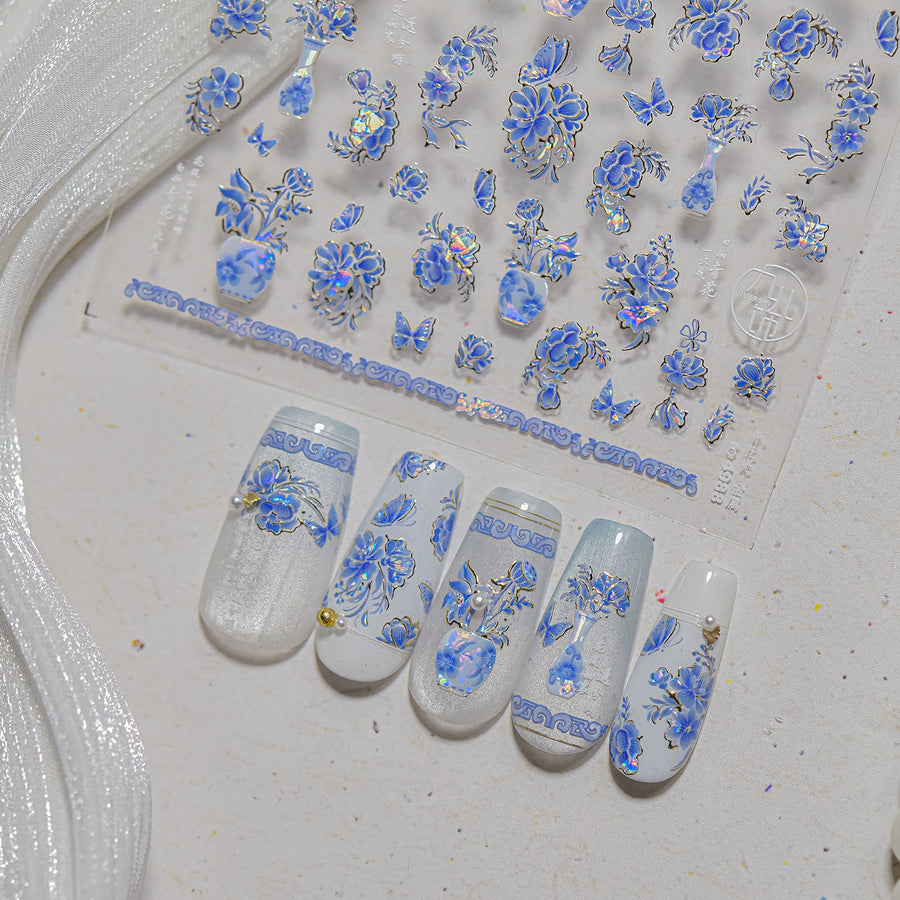Blue Porcelain Flower Collection: "Celadon Vase" – 3D Holographic Nail Sticker