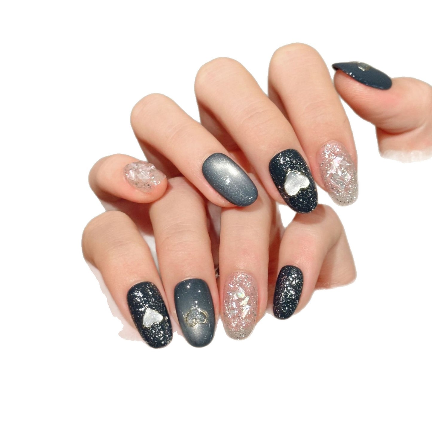 Silver Black Heart Sparkle Winter Nails