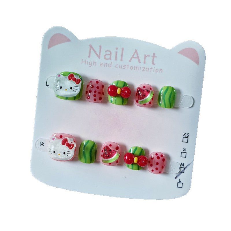 365nails: "cool watermelon hello kitty" – short round handmade kids press-on nails