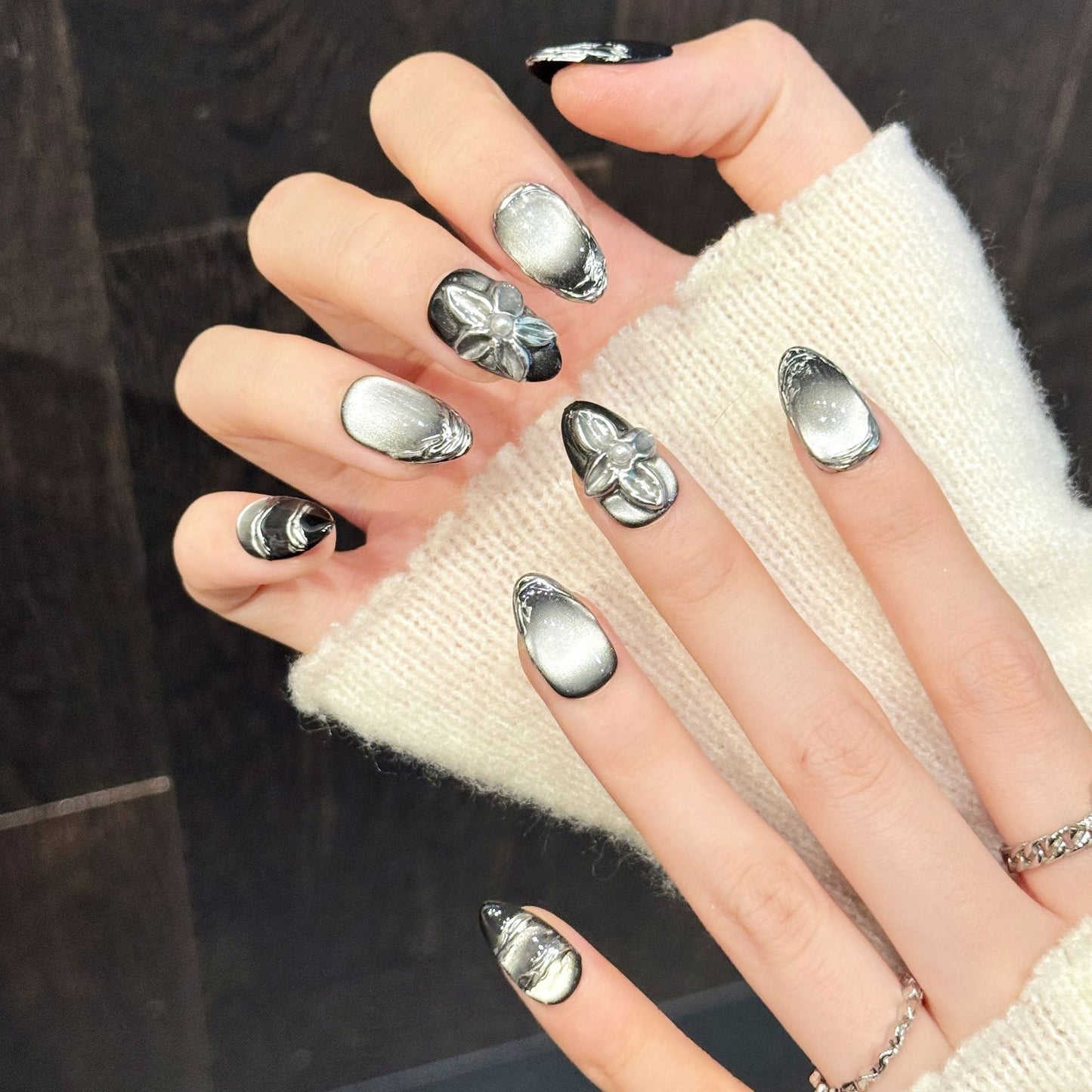 Silver Midnight Floral Press On Nails