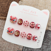 365nails: "lucky red lion dance" – short round handmade kids press-on nails