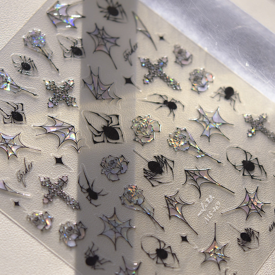 Aranha Holográfica e Cruz Gótica: "Teia de Aranha Brilho de Concha" – Adesivo de Unha em Relevo 5D