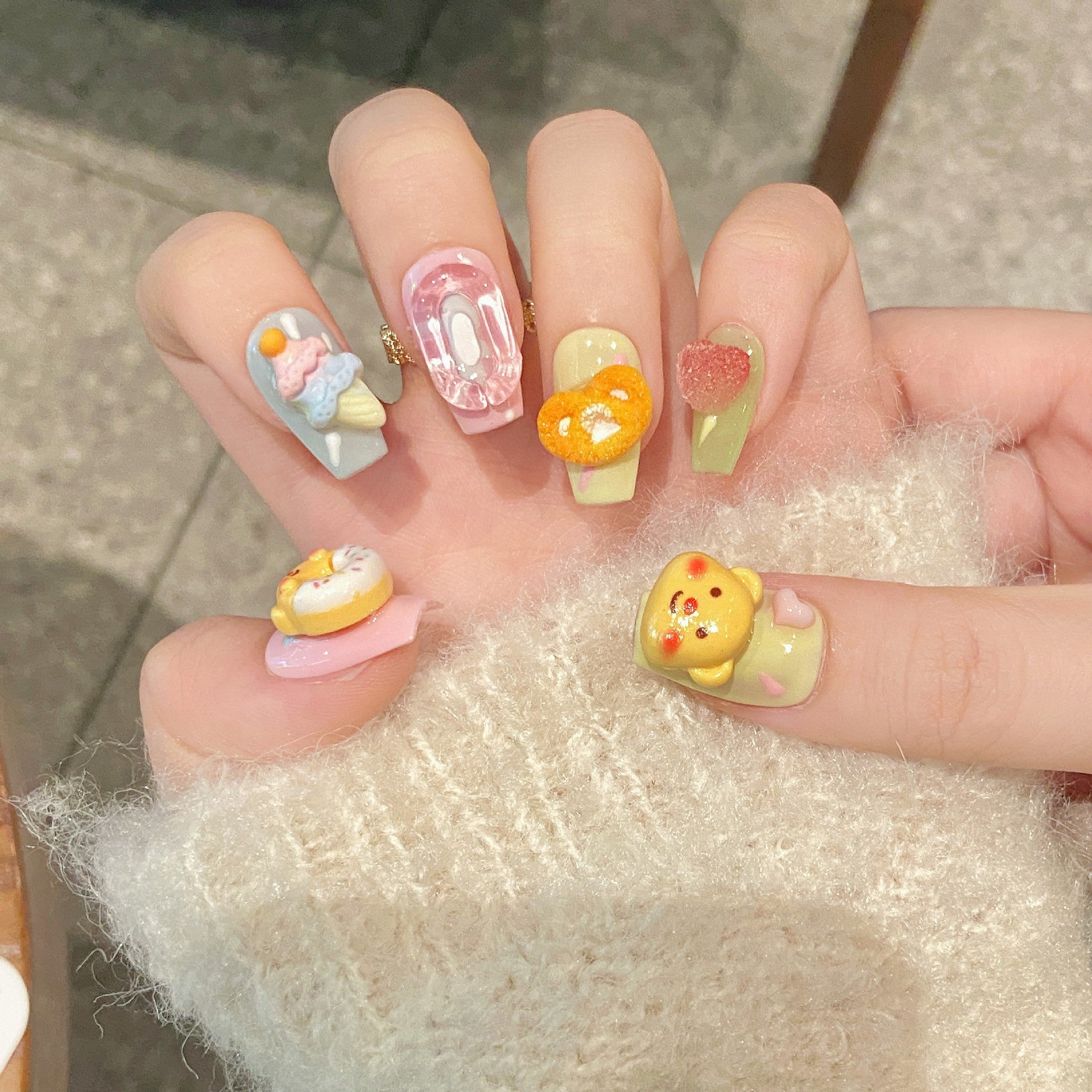 365nails: "Sweet Treats" – 3D Cartoon Bear & Donut Handmade Short Square Nails