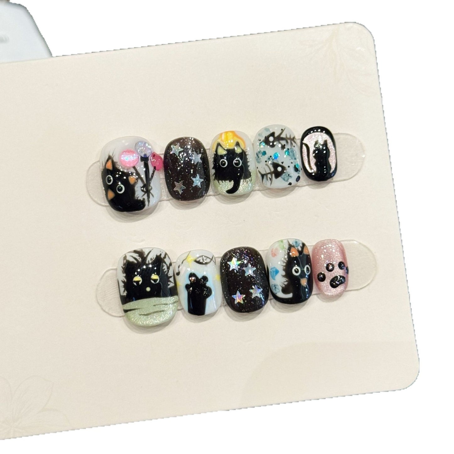 Cute Black Cat Spooky Star Paw Print Mixed Press-On Nails