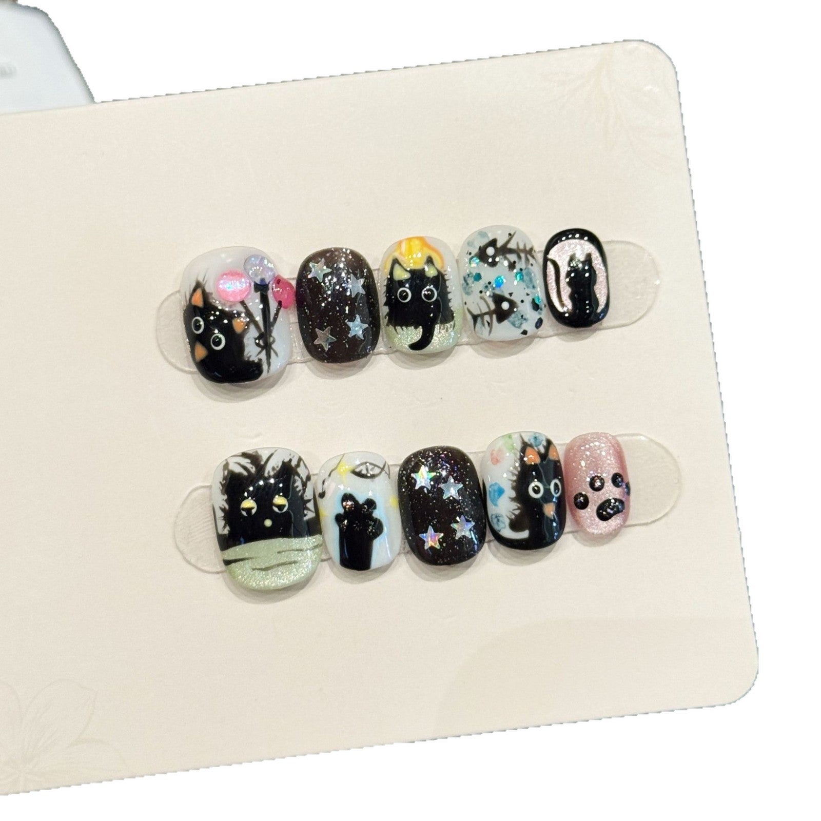 Cute Black Cat Spooky Star Paw Print Mixed Press-On Nails