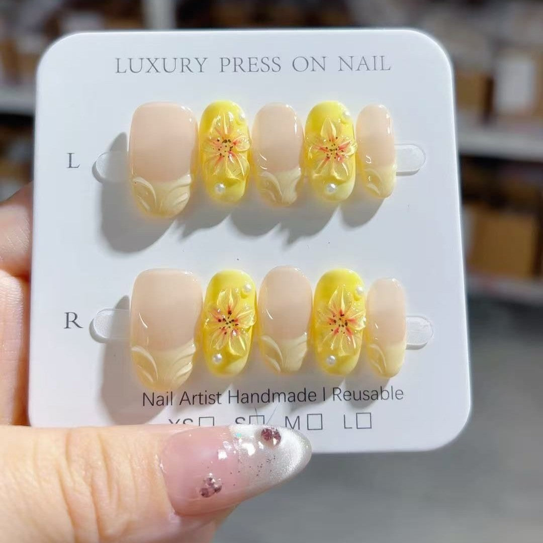 365nails-檸檬綻放：「黃色花卉」 – 方形 手工製 3D 雕刻 穿戴甲