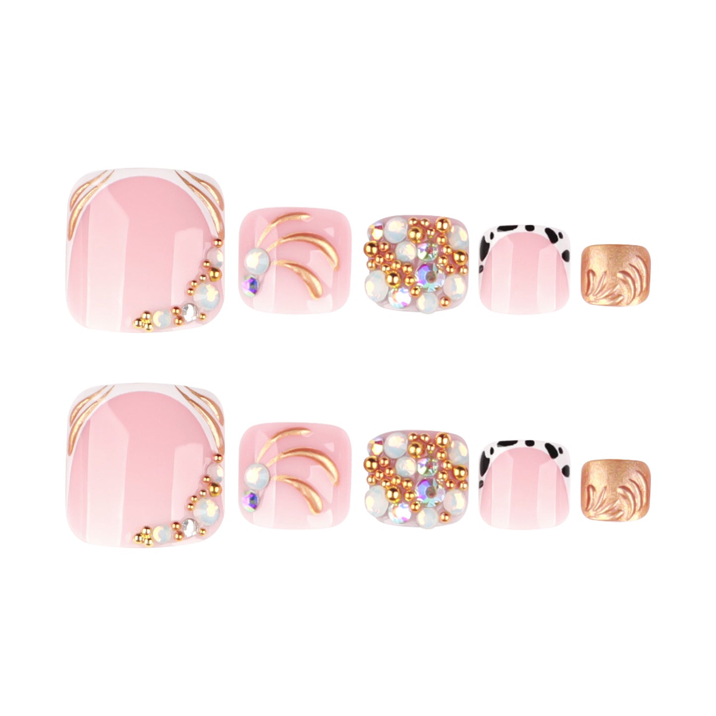 French-style toenail tips, fully embellished with sparkling rhinestones and pearls, for a dazzling, short-toe manicure