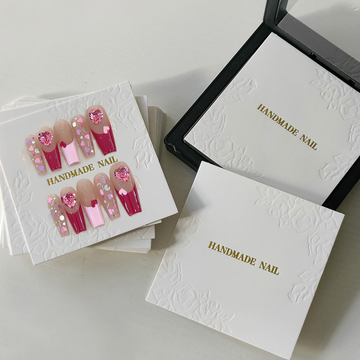 Embossed Handmade Nail Display Cards with Gold Lettering